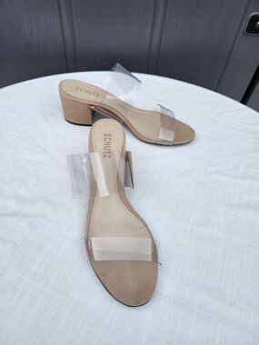 Schutz Nude Block Heel Slide Sandals with Clear Straps